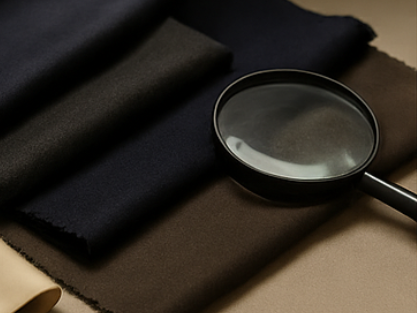 Four bolts of fabric that have been folded and laid on top of one another. There is a magnifying glass is resting on them as well.