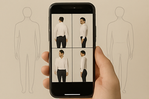 A hand holding a phone that shows 4 shots of a person from different angle. He is turned to the back, the front, and both sides. Behind the hand are two outlines of people.