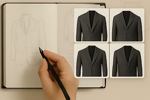 An open notebook with sketches of suit jacket designs. There is a hand holding a pencil hovering over the left page. To the right are four mockup black suit jacket designs in full color.