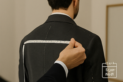 A mans back shoulder width being measured. Standing with back facing the camera, he is wearing a custom suit in the process of being made.