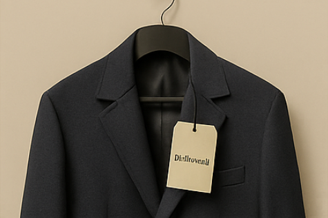A black suit jacket on a hanger. There is a large tag on the right side of it.