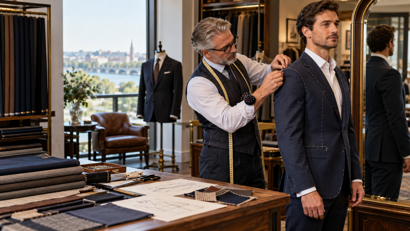 Master tailor fitting a navy custom suit on a client inside a bespoke tailoring studio with fabric swatches, sketches, and tailoring tools visible.